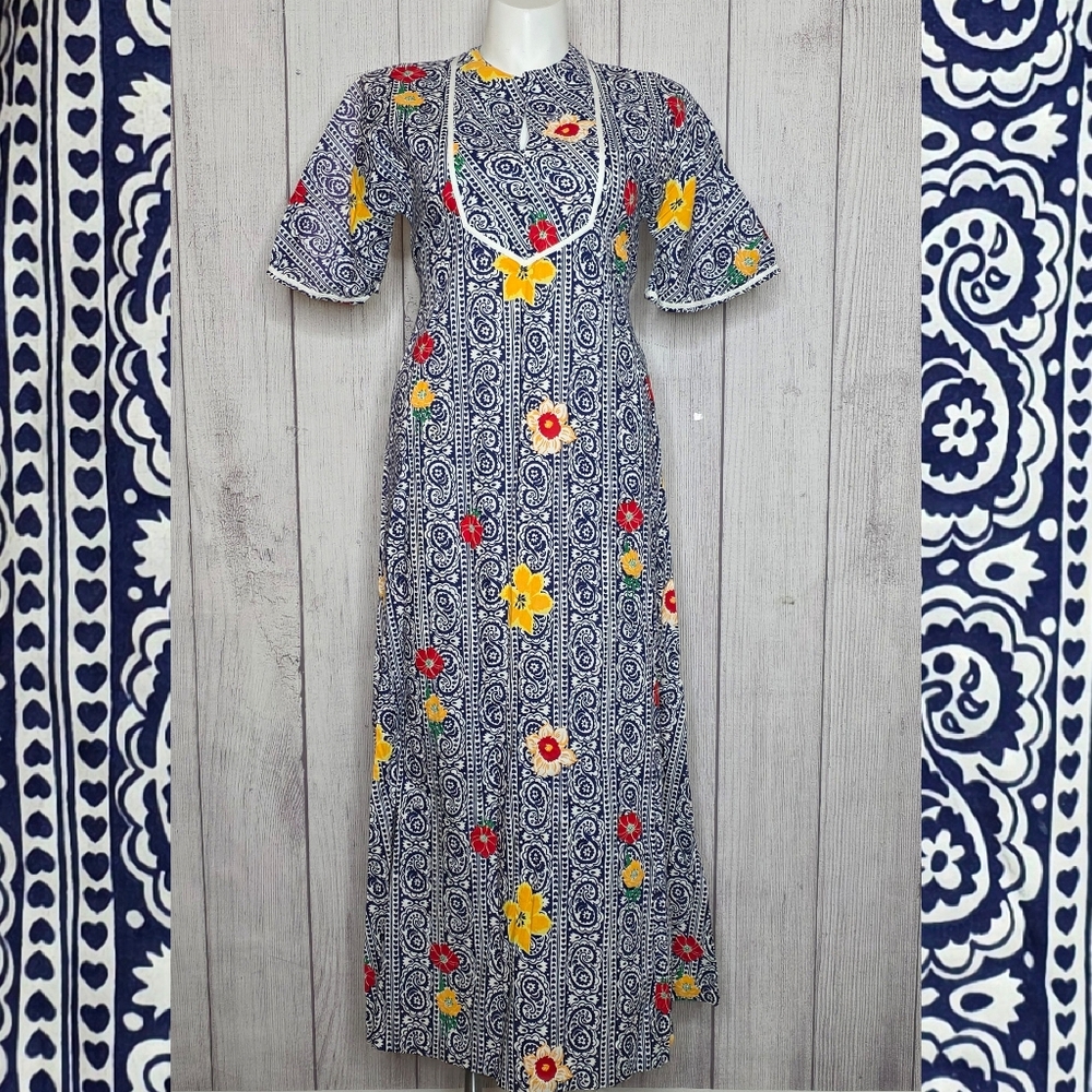 Vintage 70s Mr B of California Cotton Maxi Dress Blue Bandana Floral Print, sz L